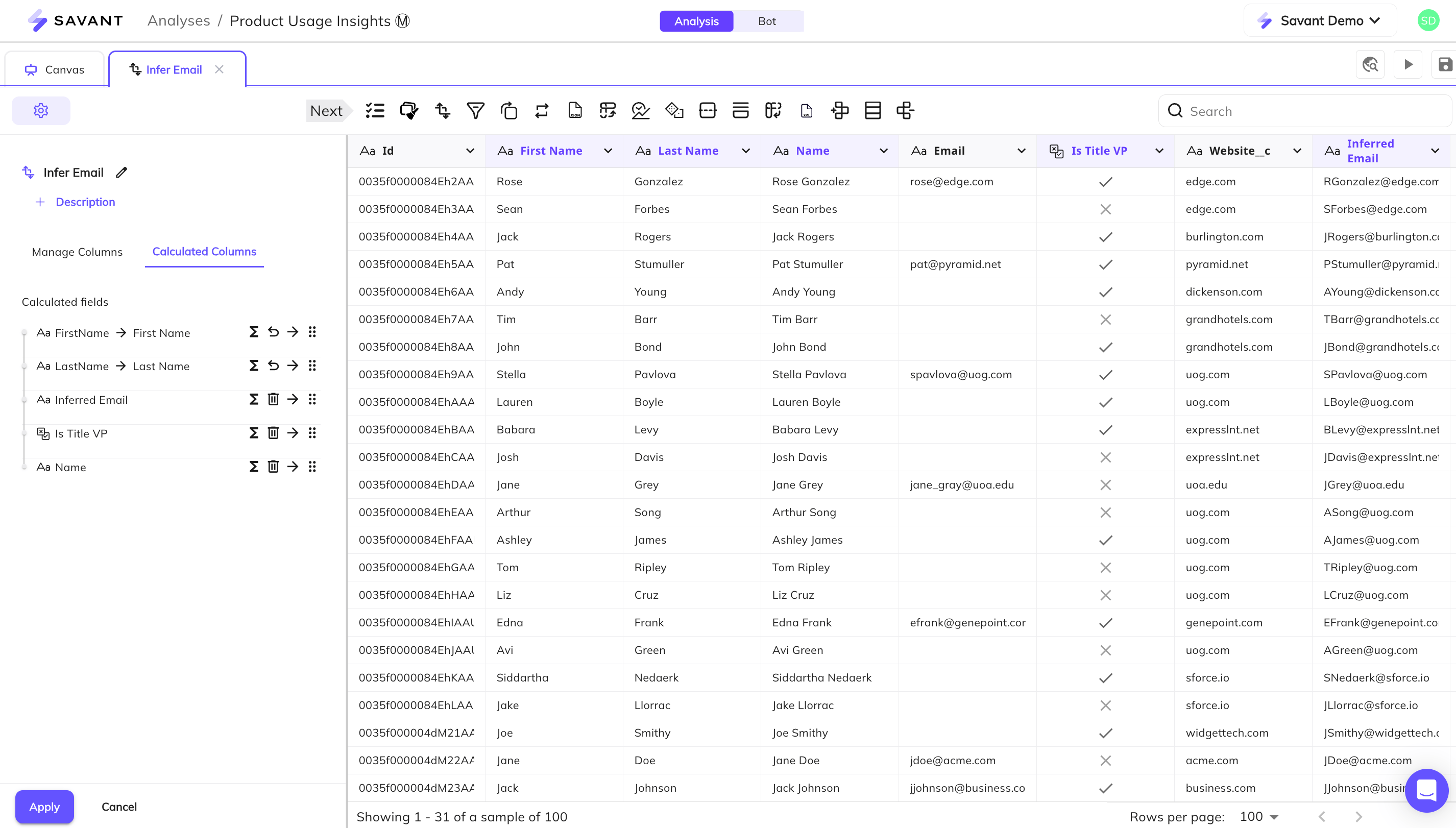 Savant screenshot: Savant email inference