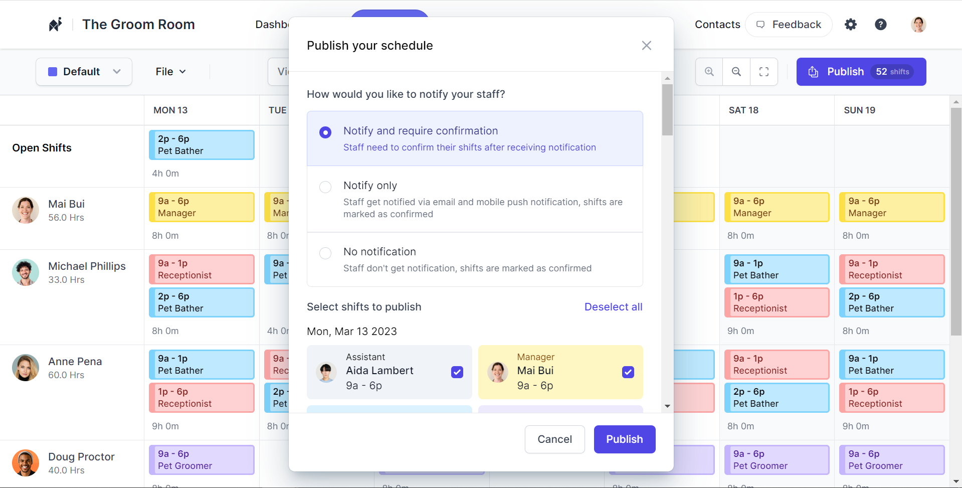 Publish schedules and notify employees using Camelo web