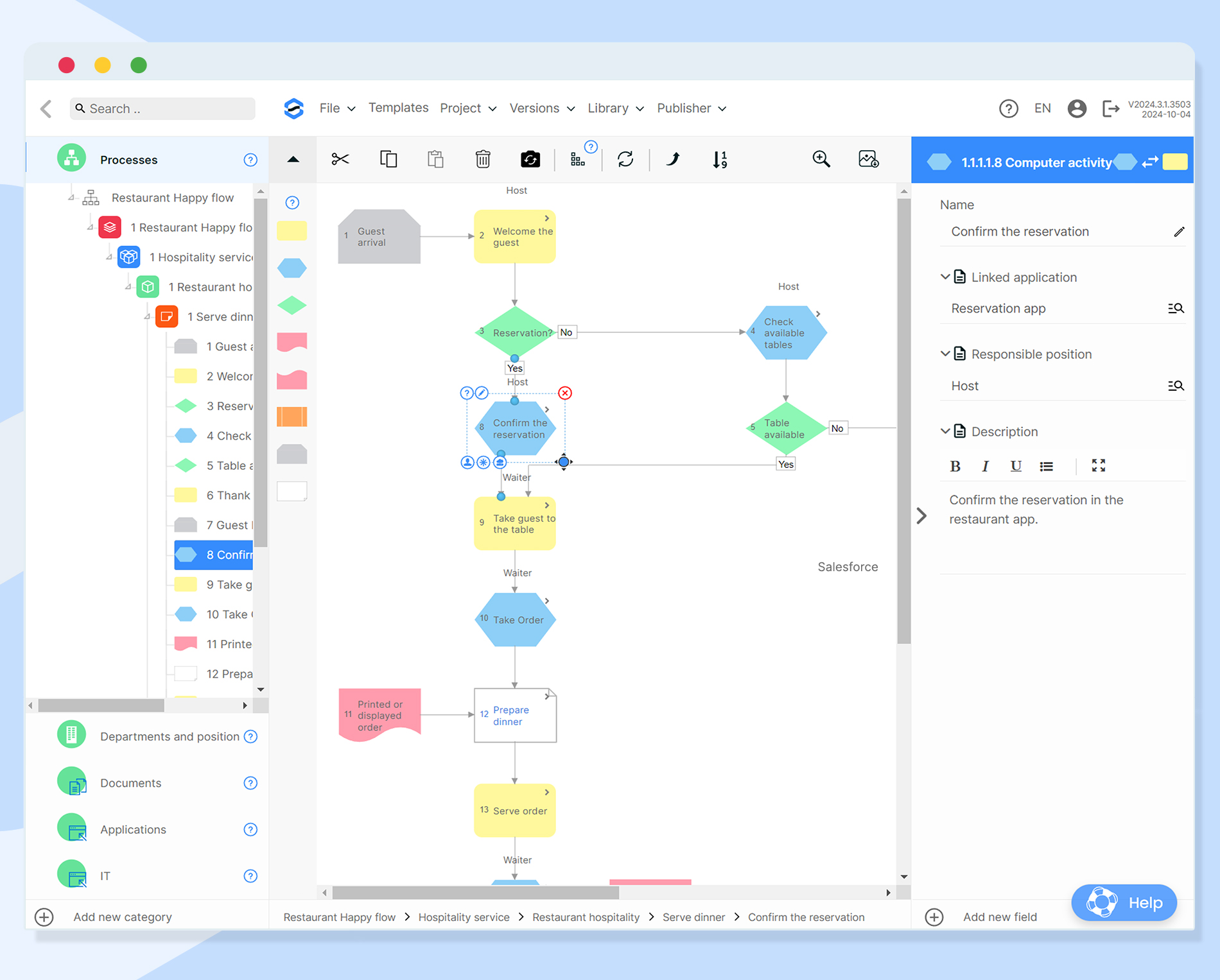 Sensus BPM Online screenshot: Start modeling right away with our intuitive application. Get overview with the Tree, use the Canvas to model your processes. Add data like KPI's and Risks and Measures to get context.  
