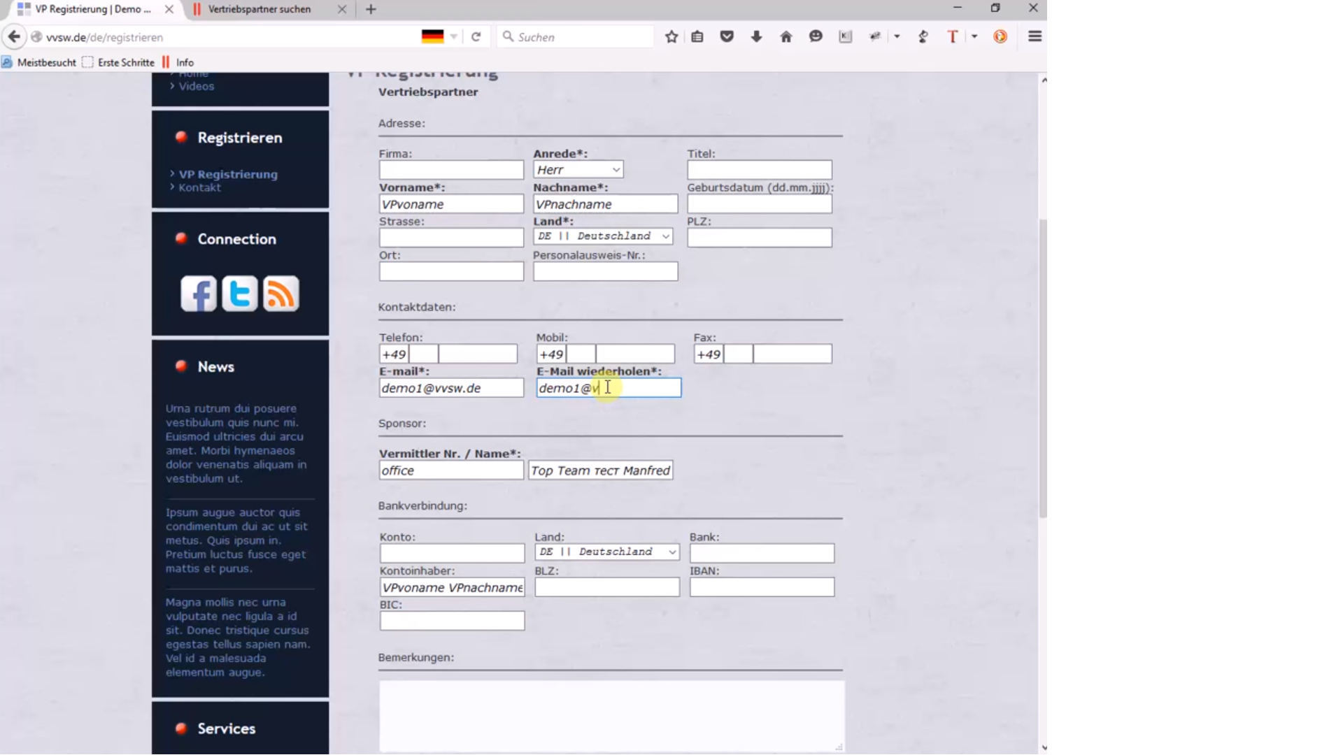 MLM Verwalter screenshot: MLM Verwalter partner registration screenshot