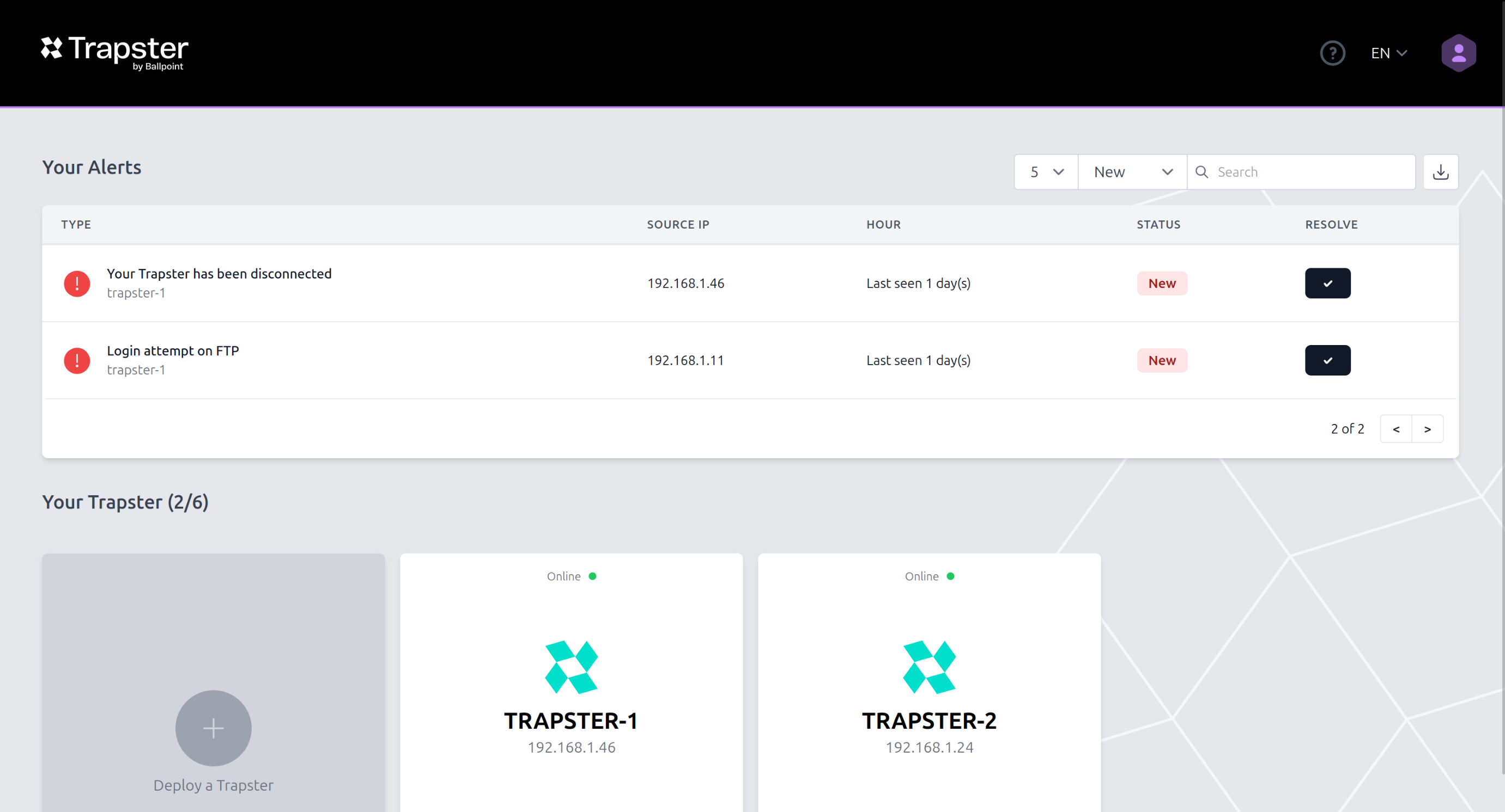 Trapster screenshot: Trapster dashboard with a view of the incidents and the honeypot configuration