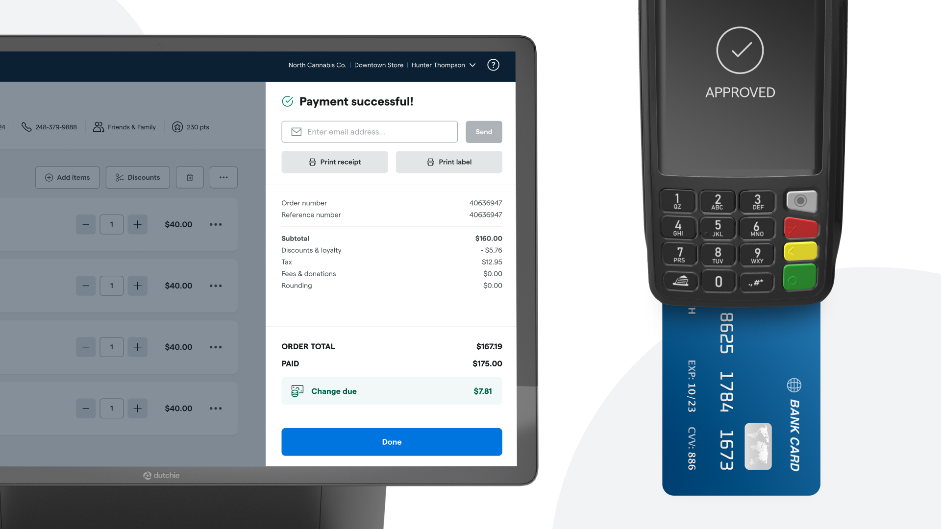 Accept debit card payments in store. Minimize the risk of human error & speed up the checkout process with a terminal that integrates directly with your Dutchie POS.