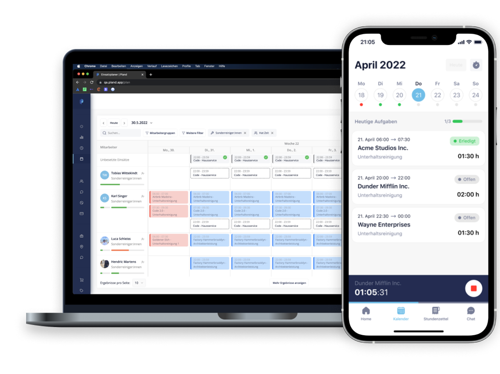 Plan'D screenshot: PlanD Software für Gebäudereinigung. Personalplanung,  Zeiterfassung und Lohnabrechnung in einer Software und mit Mitarbeiter App