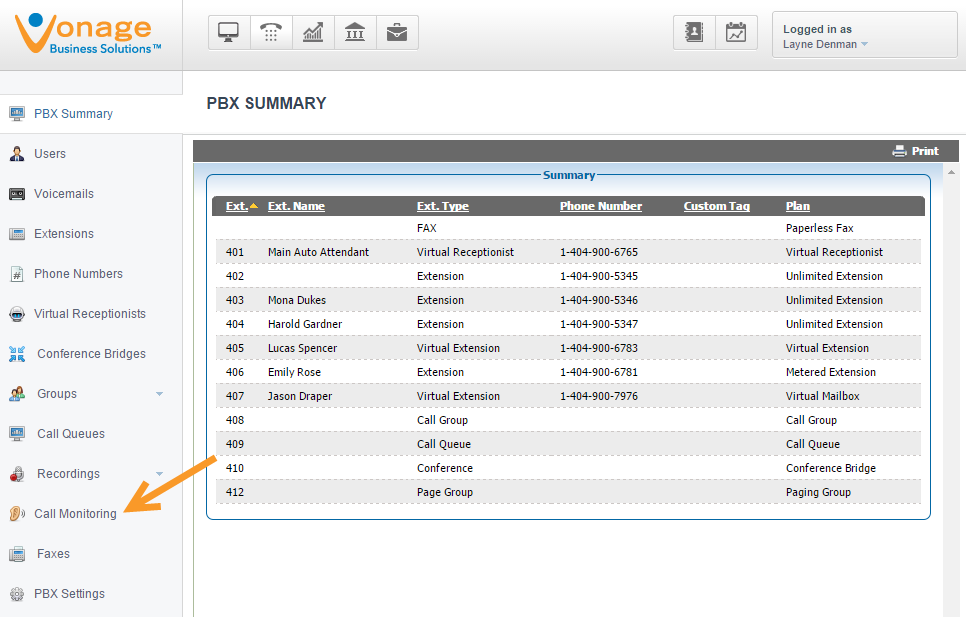 Vonage Business Communications Software - Vonage Business PBX (Private Branch Exchange) summary allows administrators to keep track of and edit feature plans