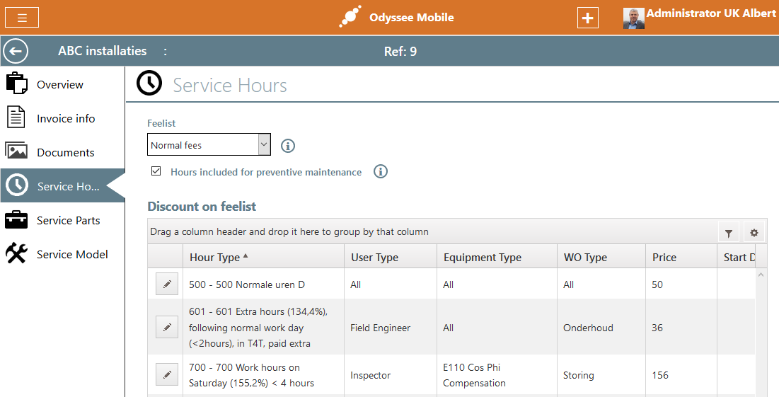 Odyssee Field Service contract service hours