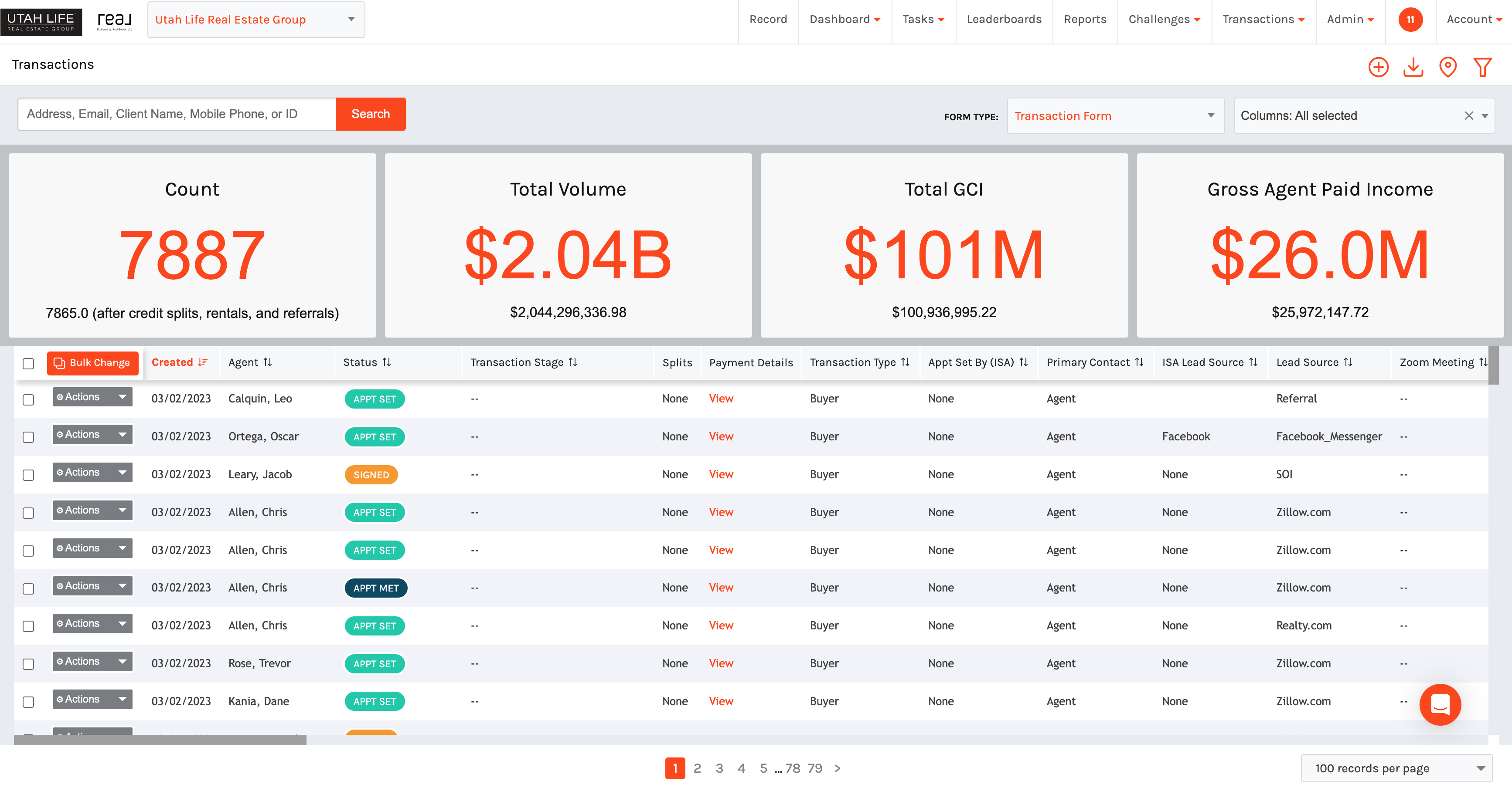 Sisu Software - Sisu's transaction overview board, where you can easily customize and filter the report to see where transactions are at and what your pipeline looks like.