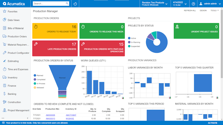 Acumatica Cloud ERP screenshot: Acumatica Cloud ERP - Production Manager Dashboard