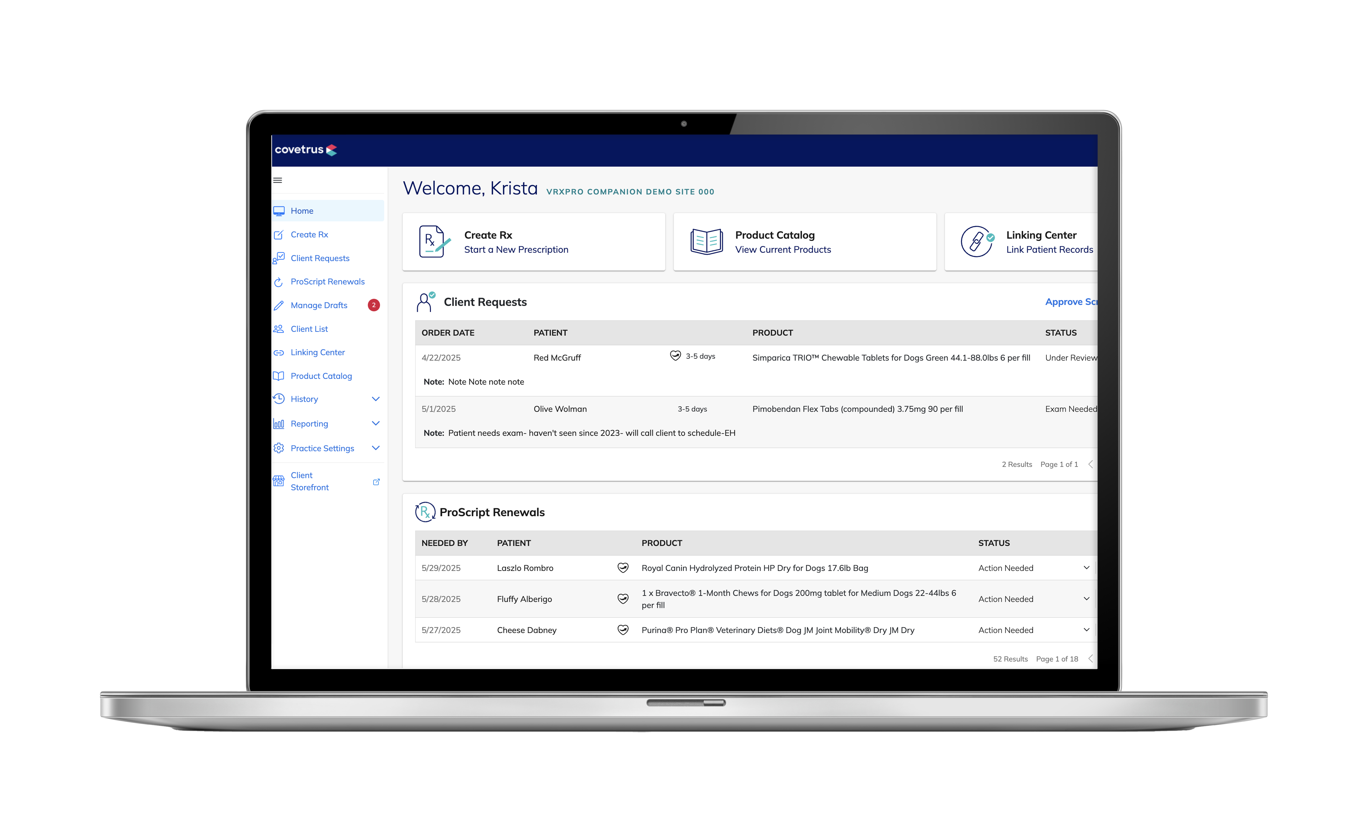 Covetrus vRxPro screenshot: Covetrus vRxPro's New User Experience. It features a prioritized, actionable view—making it easier for customers to manage tasks like Client Requests and Renewals