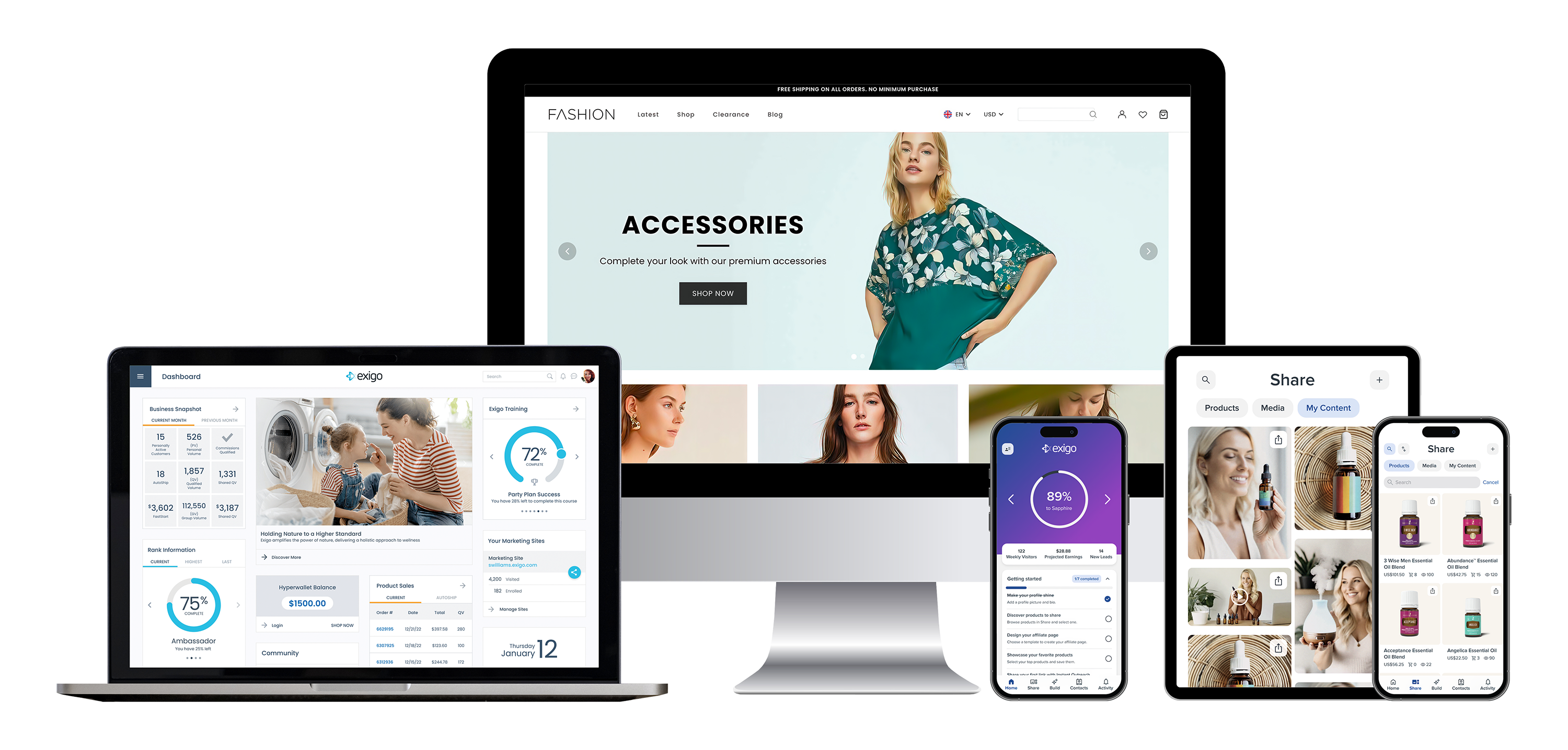 Exigo screenshot: Exigo Experience Builder and Engage mobile app works seamlessly within the Exigo ecosystem of commissions, back office, analytics, and admin to create the only true complete MLM software experience.