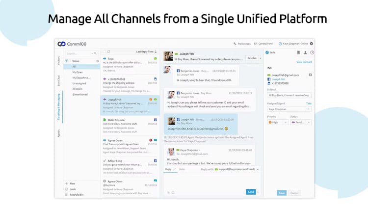Comm100 Live Chat screenshot: Manage all channels from a single unified platform