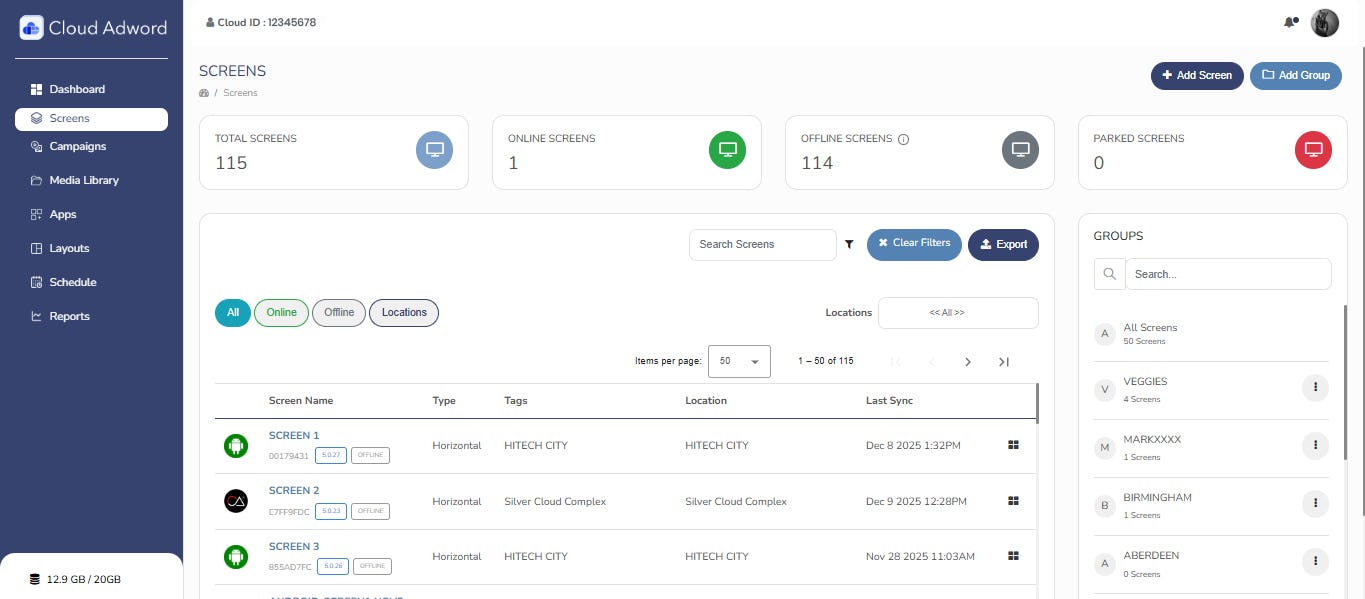 Cloud AdWord Software - Cloud Adword screens page