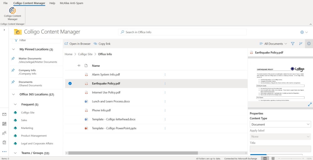Colligo Content Manager for Microsoft 365 screenshot: Colligo Content Manager for Microsoft 365 content manager