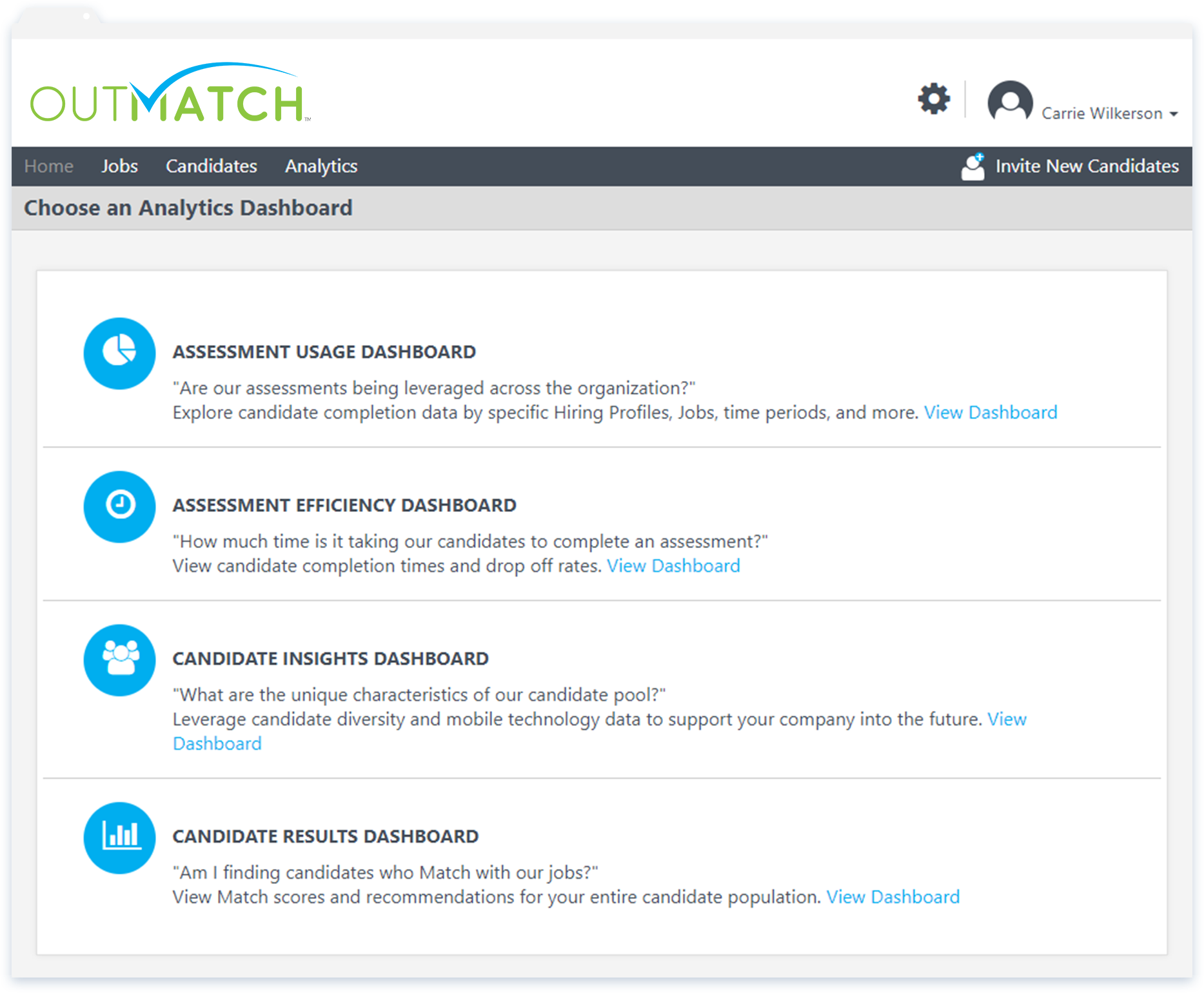 A number of pre-built analytics dashboards are available summarizing assessment usage and efficiency, plus candidate insights or results