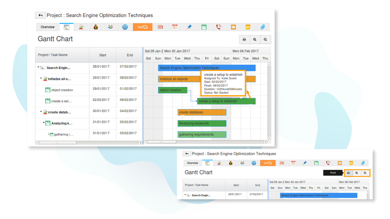 Gantt chart - Automate your project schedules with task dependencies, and visualize & change the project schedule from a real-time Gantt chart.  Track time against any task to be used for invoicing.