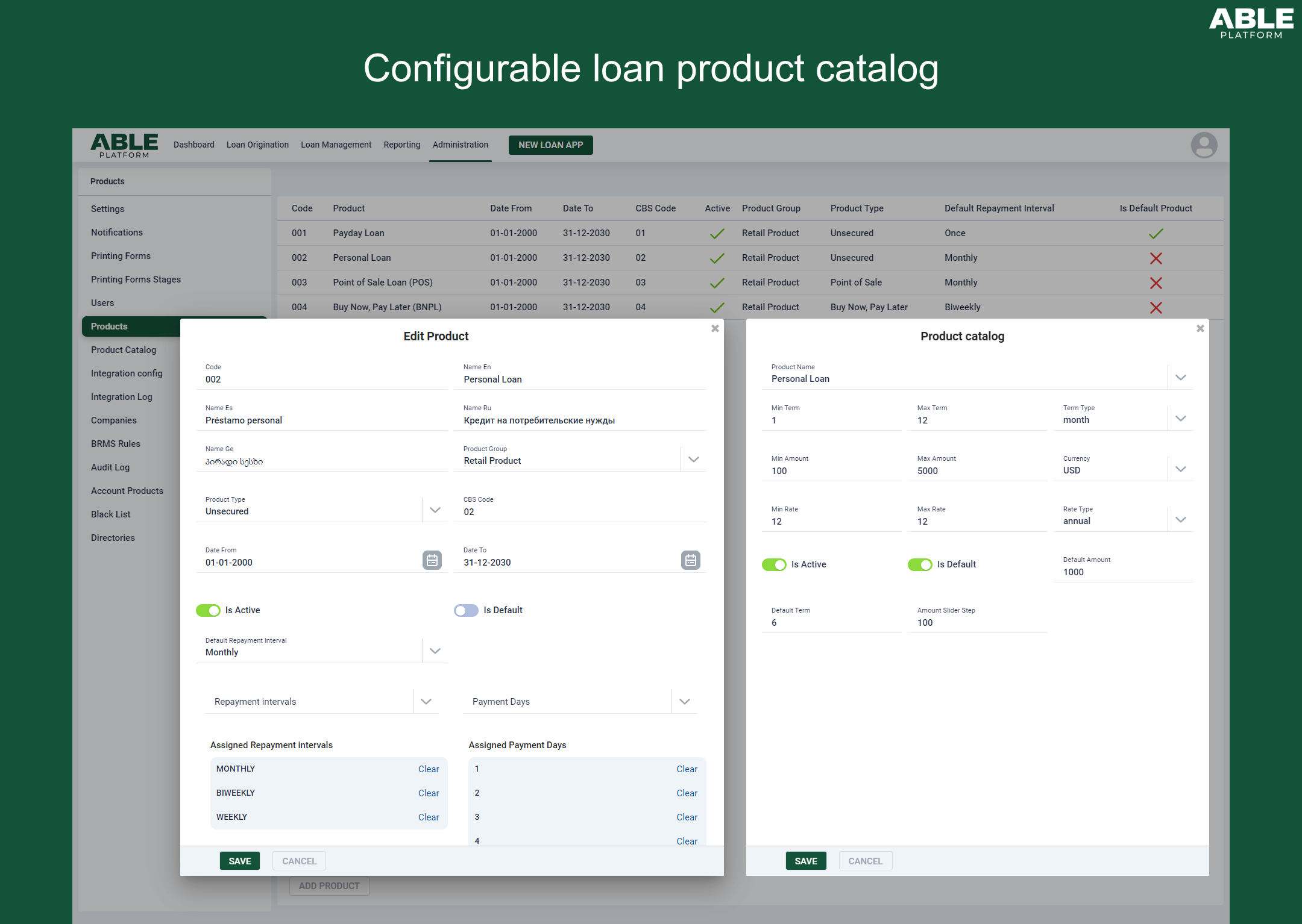 ABLE Platform Software - configurable loan product catalog