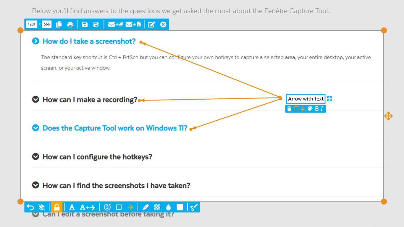 Fenêtre Capture Tool Arrow with text feature
