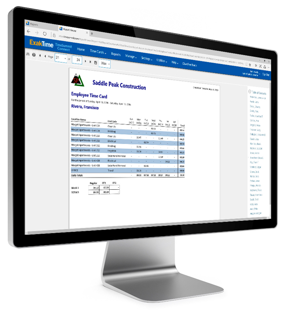 ExakTime Software - Time tracking reporting options include the creation of digital time cards, detailing hourly breakdowns for employees and overtime information