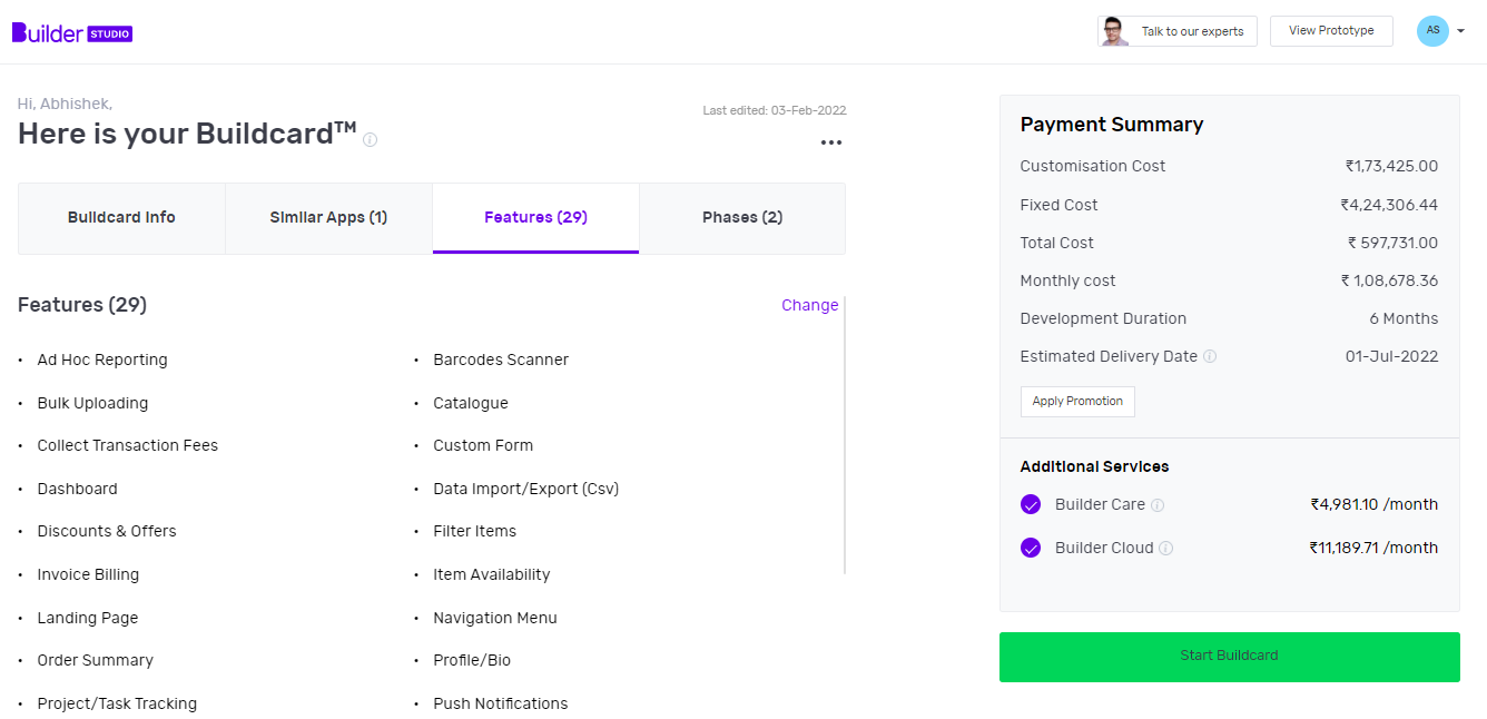 Get your Buildcard, get your unique spec document or Buildcard even before committing to the project and making any payment