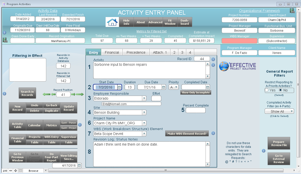 Activity entry panel