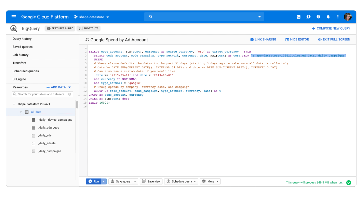 Shape ADI is built on Google BigQuery. Query and analyze your data right from BigQuery or feed your data into popular Google tools or third-party business intelligence tools with a few clicks.