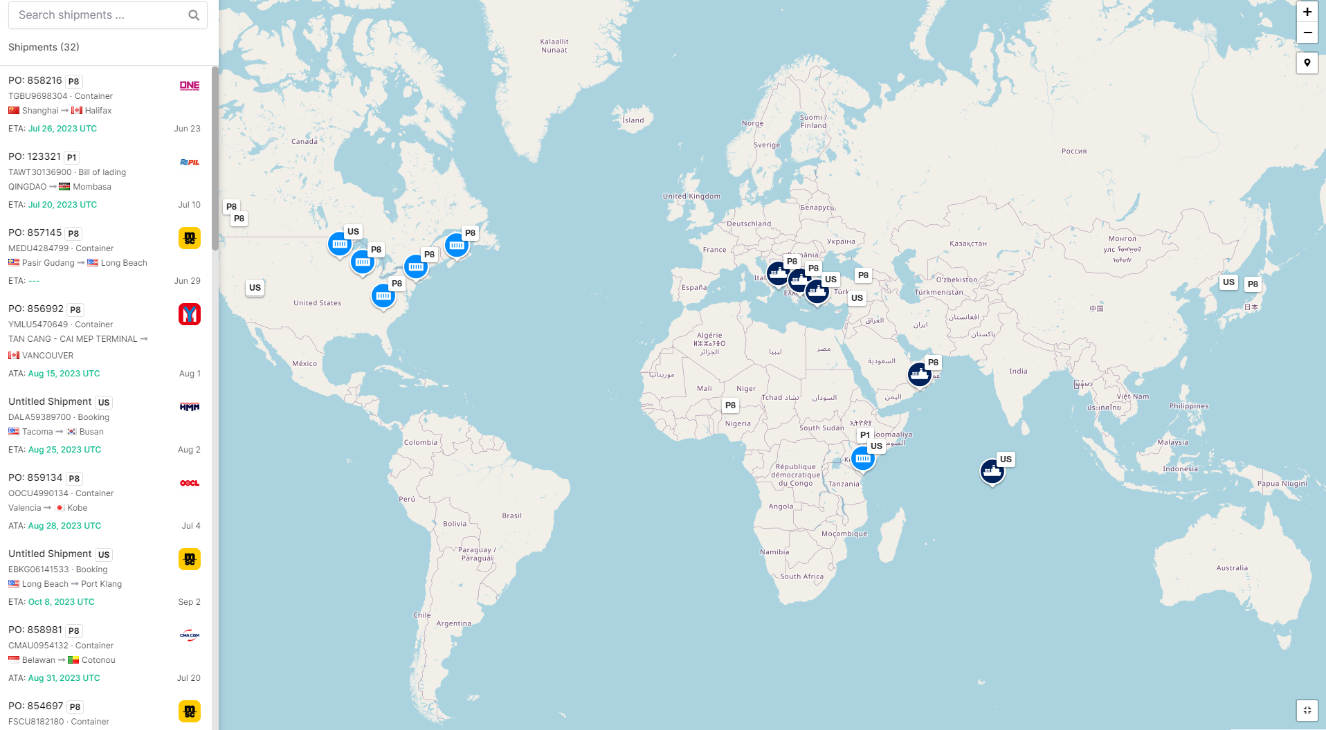 Interactive real-time map of shipments 