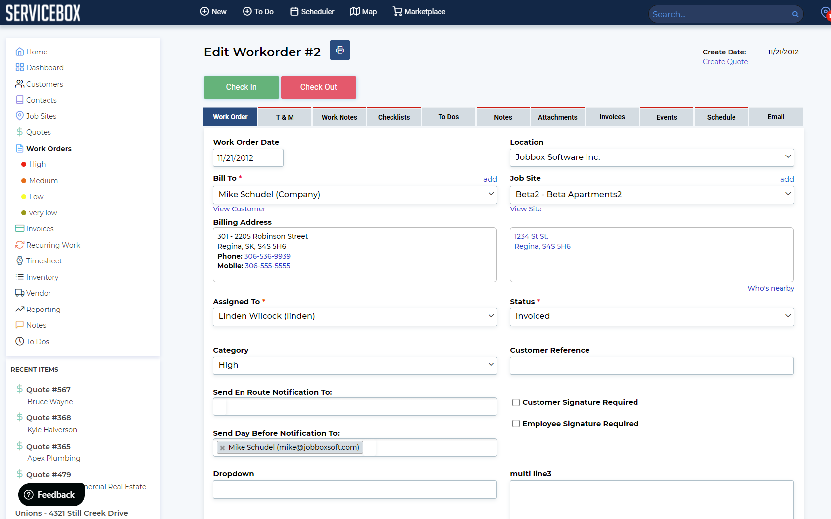 ServiceBox Software - Work Orders are where the details of the work to be completed is entered.  Check in an out of a job, add time and materials, take pictures, enter job notes, create maintenance checklists, and easily schedule technicians.