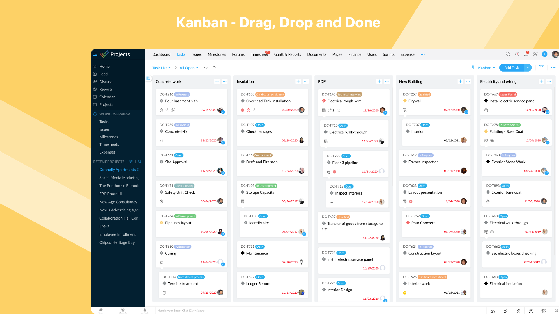 Zoho Projects Software - Drag, Drop and Done - A view of your tasks as cards placed along columns. Helps you identify bottlenecks and reorganize quickly using drag and drop.