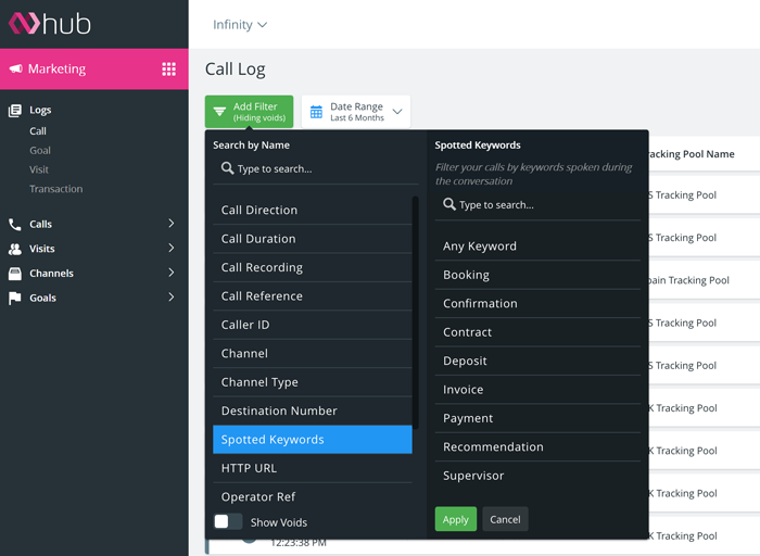 Infinity Call Tracking call log menu screenshot