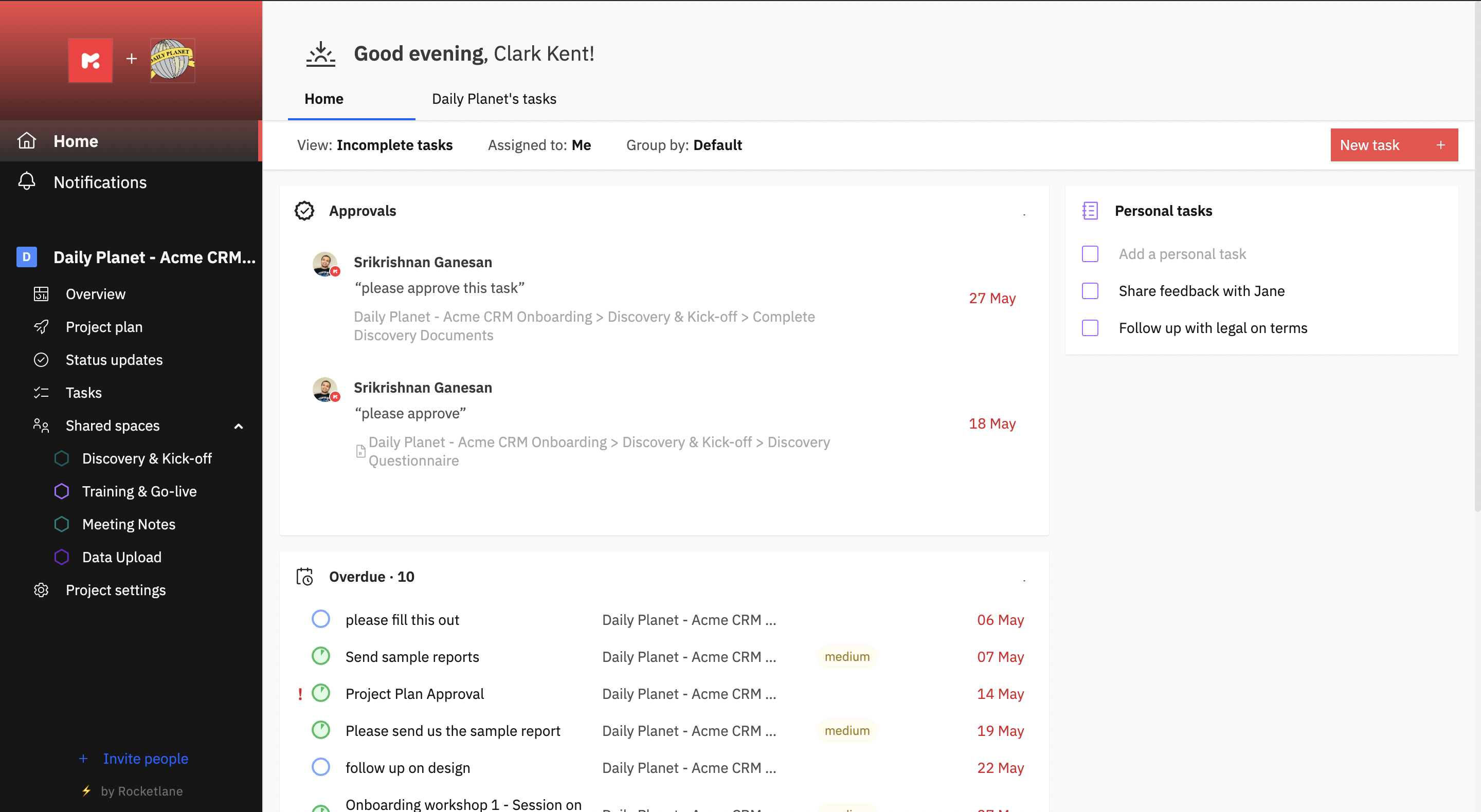 Rocketlane Software - All-in-one white-labeled client portal that combines project management, personal tasks, document collaboration, and messaging communication into a single modern experience that is easily accessible through magic links.