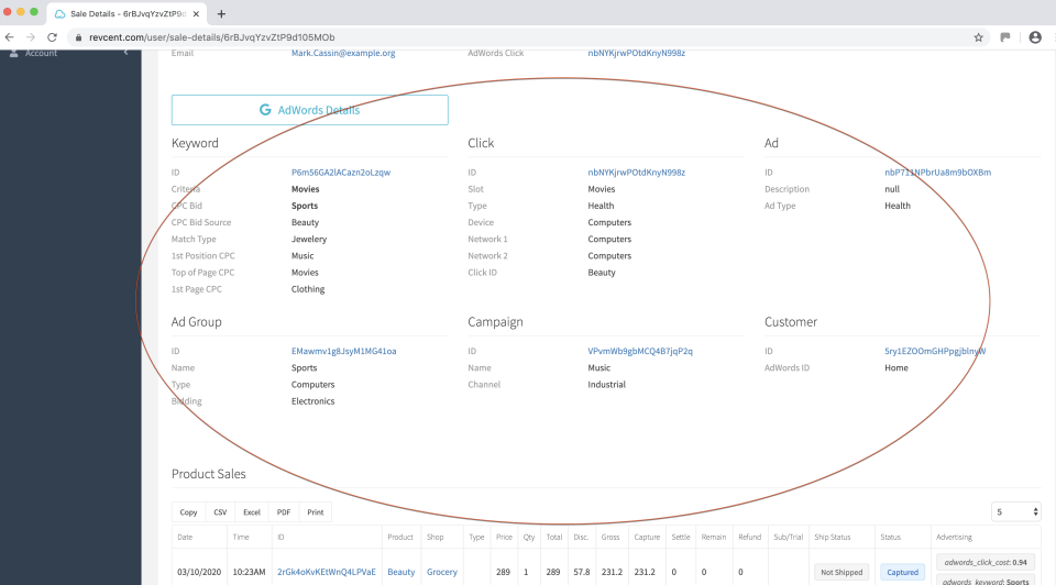RevCent AdWords data