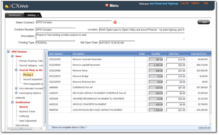 iPDWeb screenshot: ExeVision offers contractor bid preparation & submission features using its iCXWeb solution