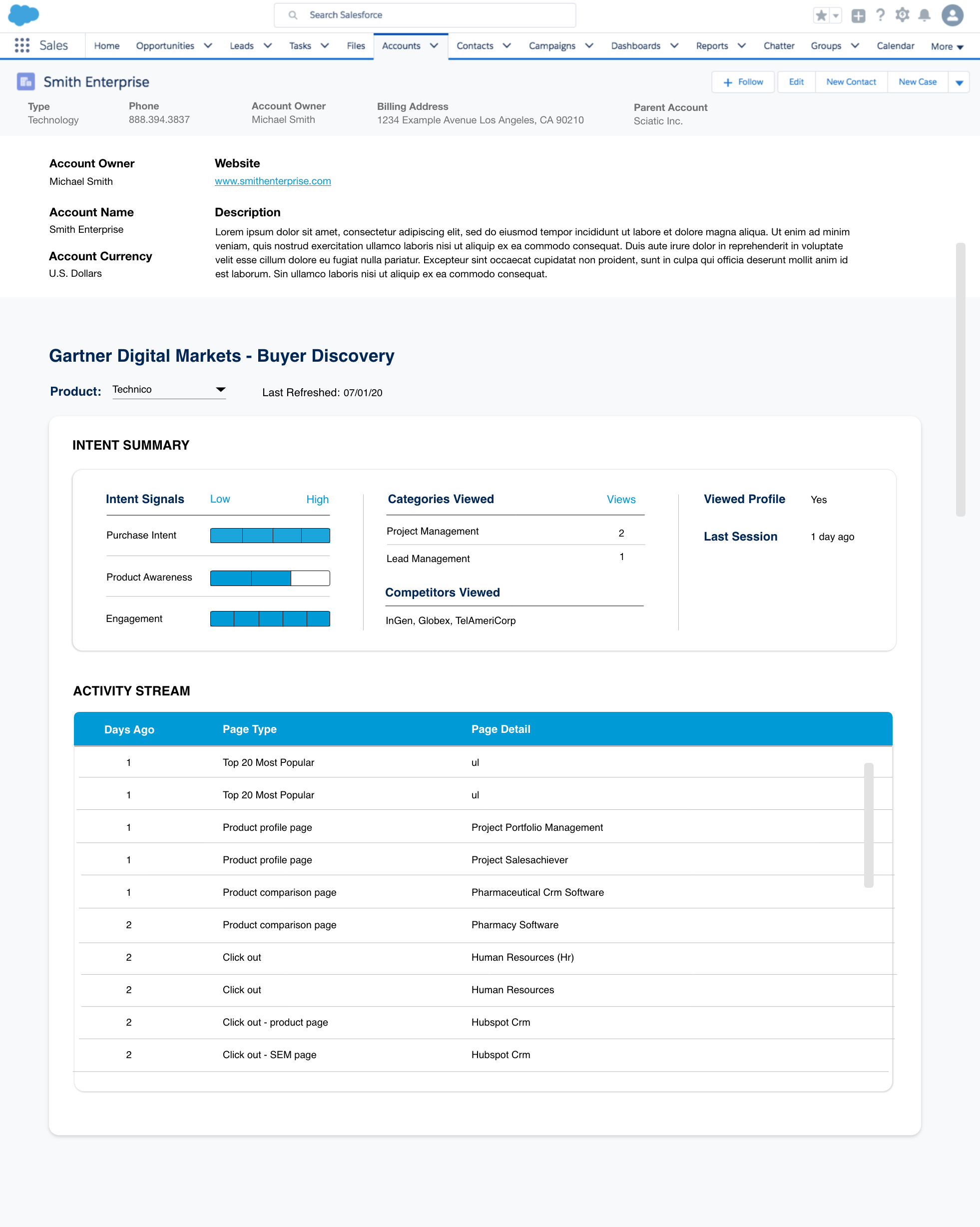 Buyer Discovery for Salesforce app - account details screen