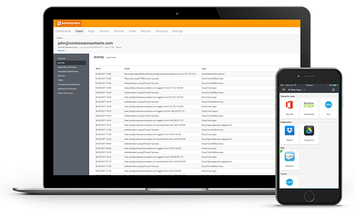 Practice Protect screenshot: Manage passwords, track online activity and protect the organization's data (and client data) online