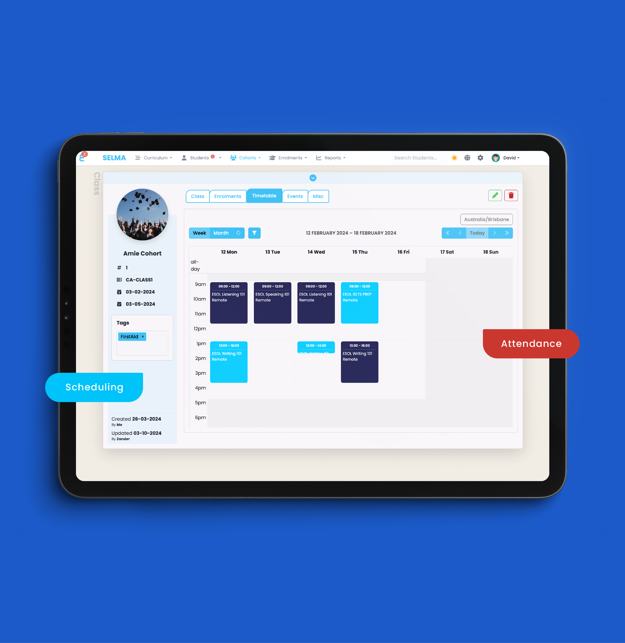 SELMA SIS screenshot: Integrated timetable and attendance management