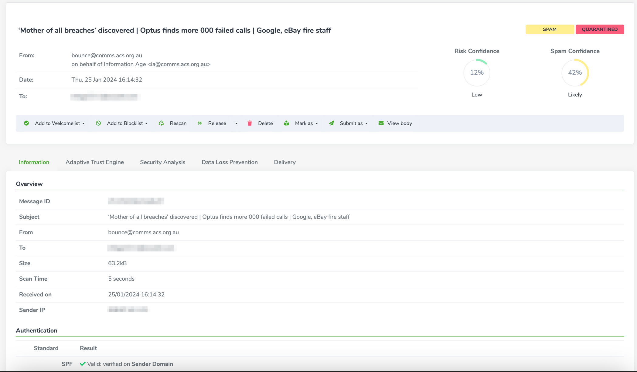 Libraesva Email Security Software - Message Information section describes the complete analysis of the system. You can browse through tabs, discovering general authentication information like SPF, DKIM, DMARC and complete headers. A transport level detail is available on the last tab.