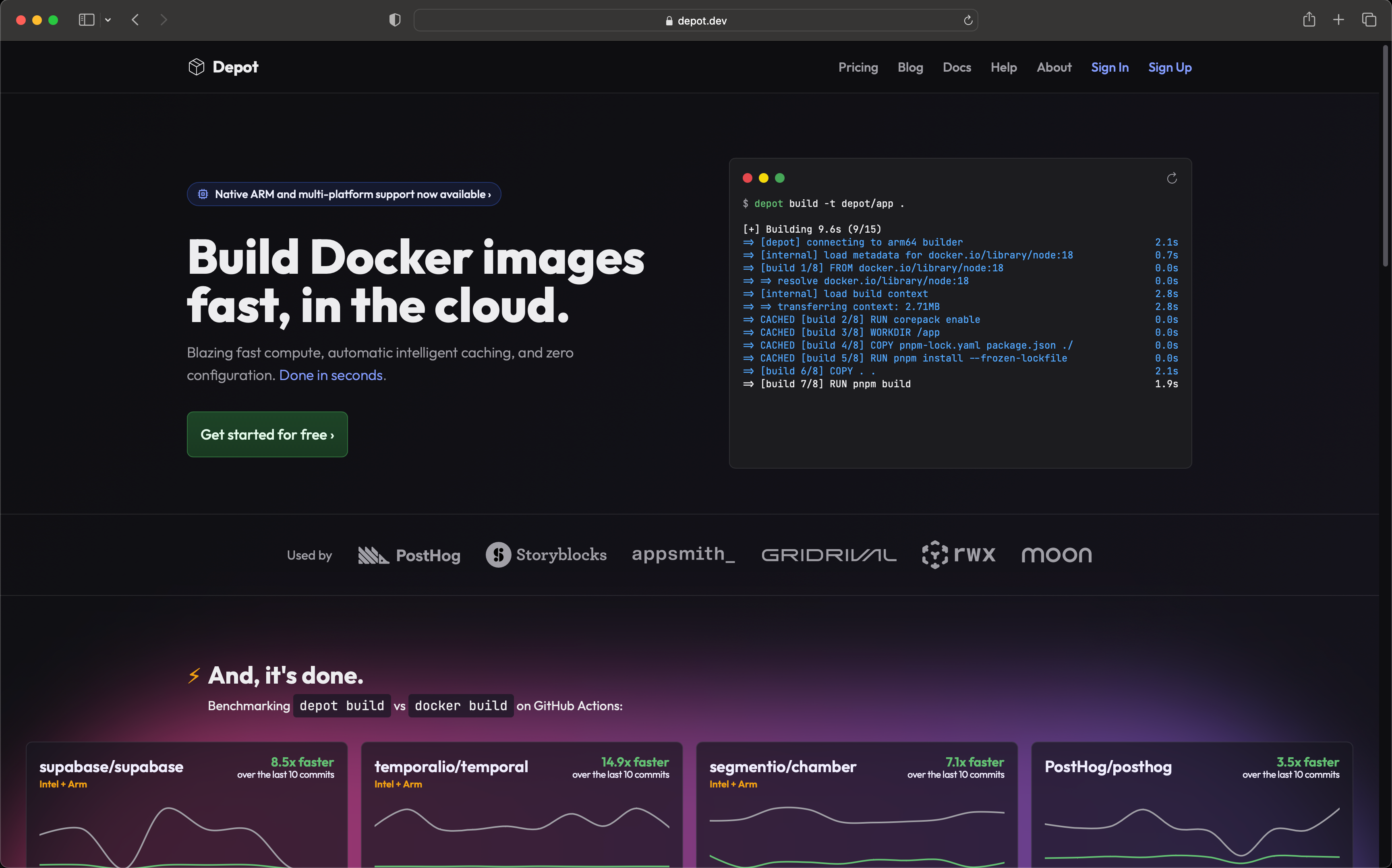 Landing page of Depot showing current users, benchmarks, and CLI demo