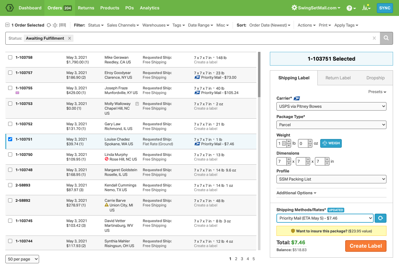 Ordoro Software - Create shipping labels individually or in bulk for all of your orders