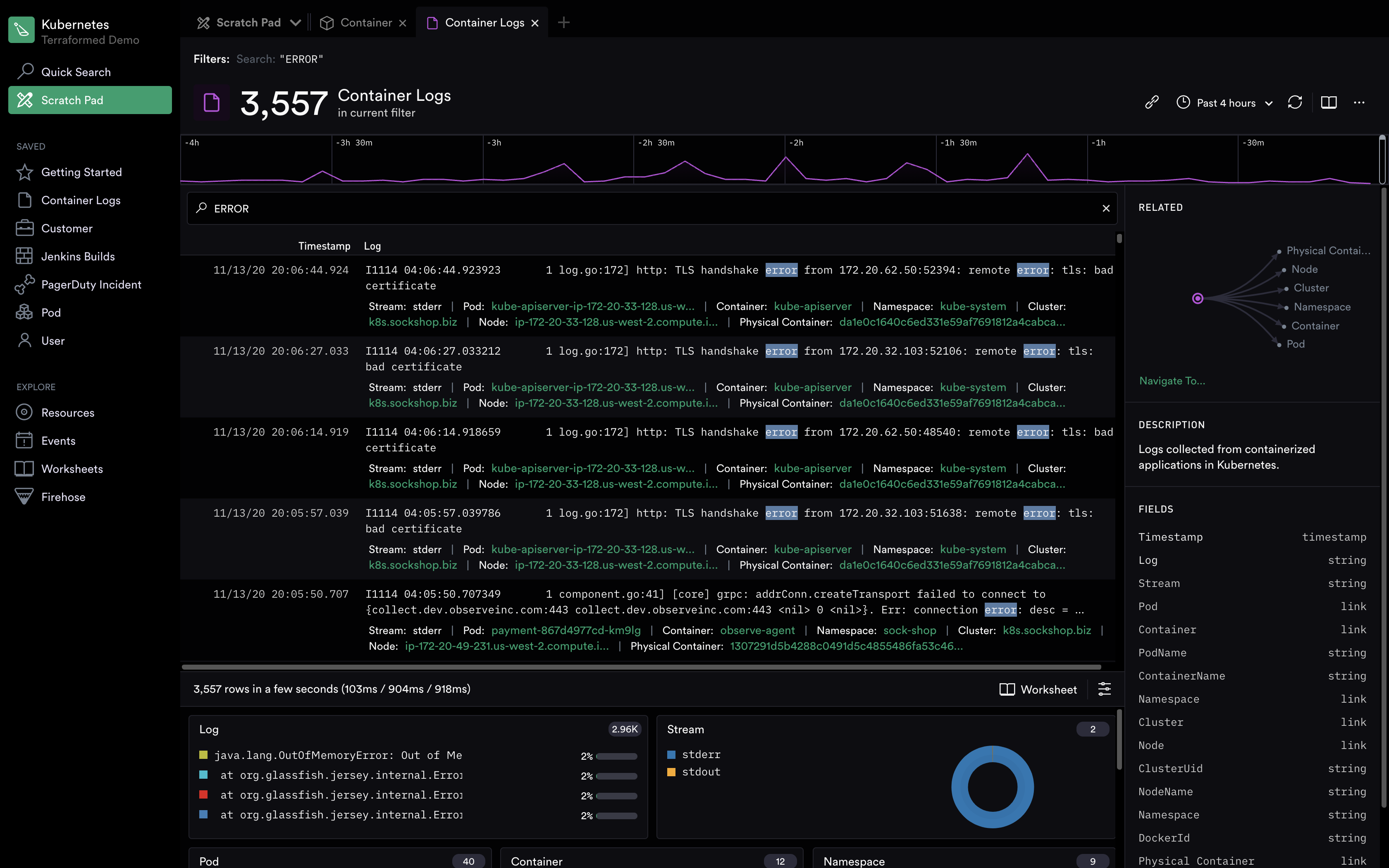 Observe screenshot: Observe container logs