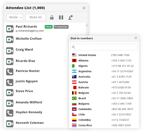 StartMeeting screenshot: Up to 1000 participants can call in to meetings through dial-in or VoIP