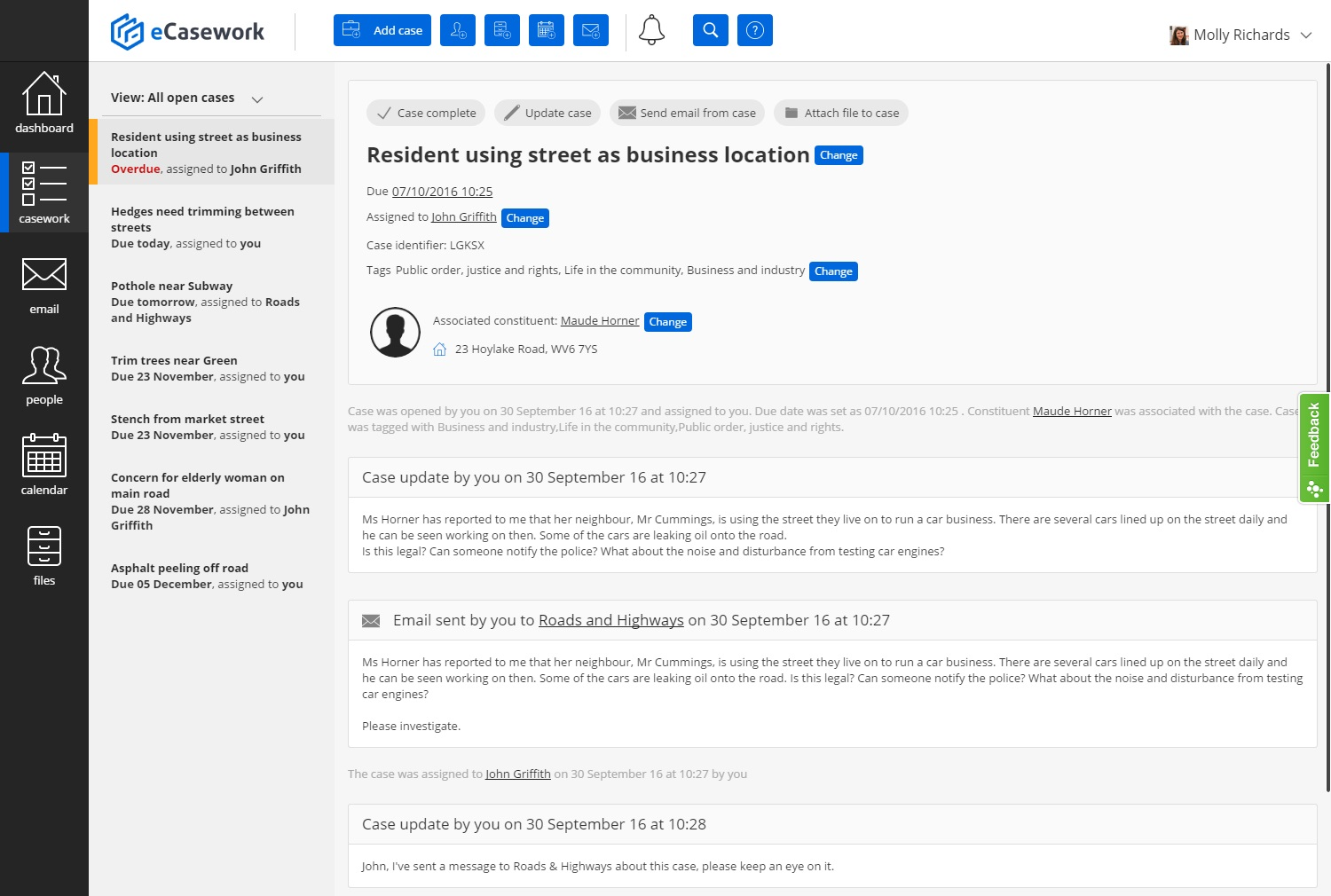 eCasework Software - Case files show emails, updates and other information relating to the complaint