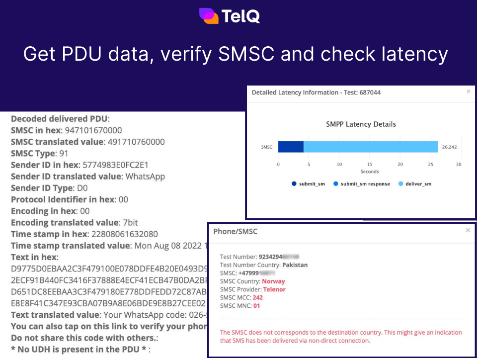 Get PDU data, verify SMSC and check latency