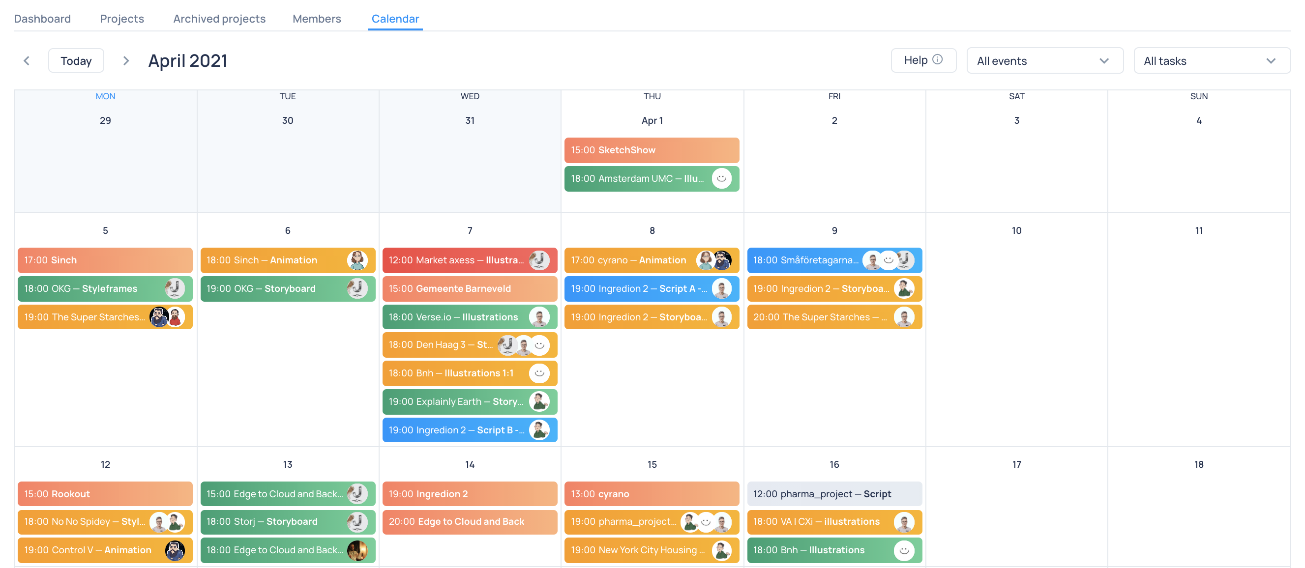 Calendar View with start and end date for every task, as well its assignee and status
