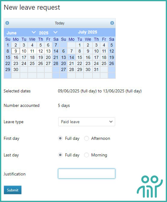 My Intranet HRIS screenshot: Leave request form
