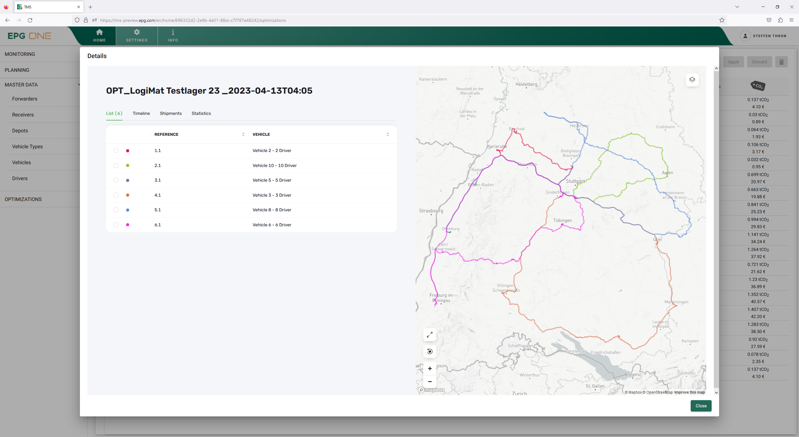 EPG TMS Software - This screen displays a complete optimization of EPG's TMS, where all unplanned orders that  should be considered have been allocated to vehicles. Each vehicle/tour is represented by a unique color and displayed on the map.