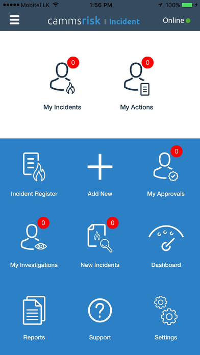 Camms GRC Software - The cammsrisk incident app shown on iOS allows user to access assigned incidents and actions along with viewing incident registers, investigation, approvals and more