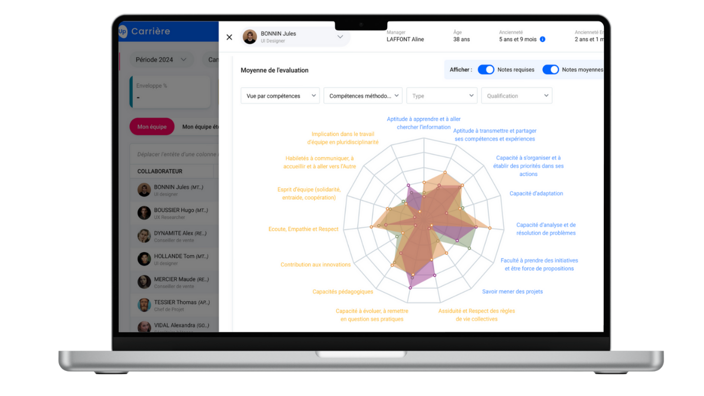 QuarksUp screenshot: Optimisez la gestion des talents avec un radar des compétences dans votre SIRH ! 🚀 Identifiez les forces de vos équipes, anticipez les besoins en formation et alignez les compétences avec vos objectifs stratégiques. Un atout clé pour une gestion RH agile
