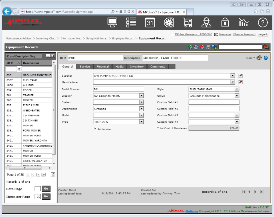 MPulse Software - Equipment records in MPulse include multiple custom fields for recording information