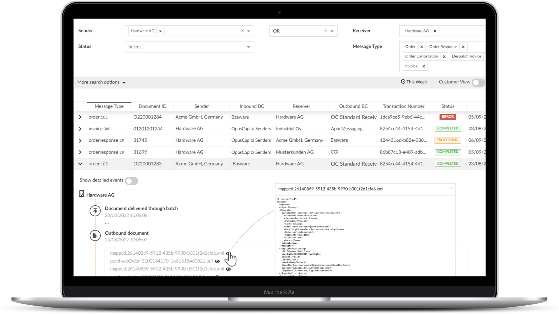 OpusCapita screenshot: OpusCapita Business Network - real-time monitoring for all exchanged supply chain documents from orders to invoices, in any format, via any channel.