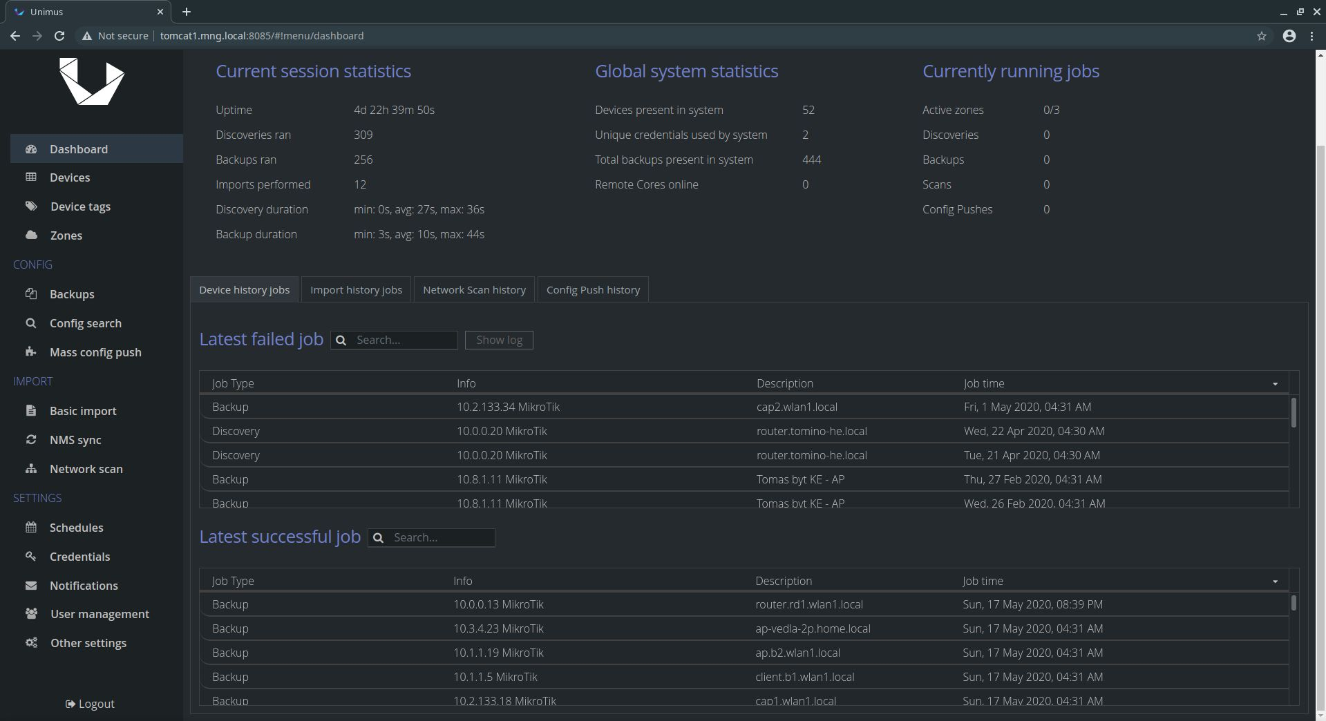 Unimus screenshot: Dashboard