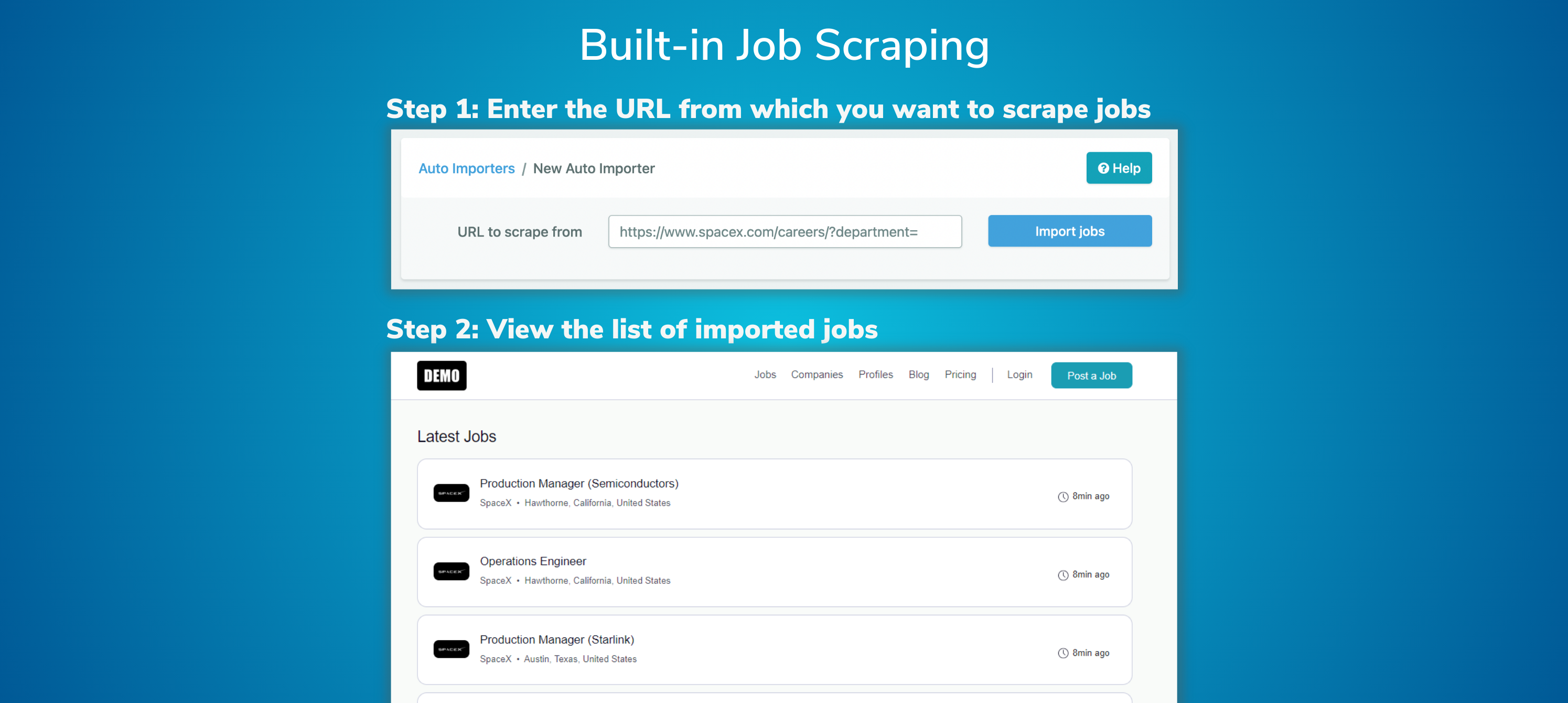 Auto-scrape jobs from other job boards with our no-code importers
